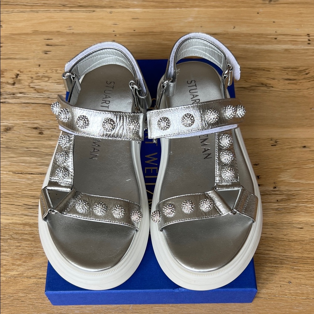 Stuart Weitzman Dree Flat Espadrille Metallic Silver Sandals